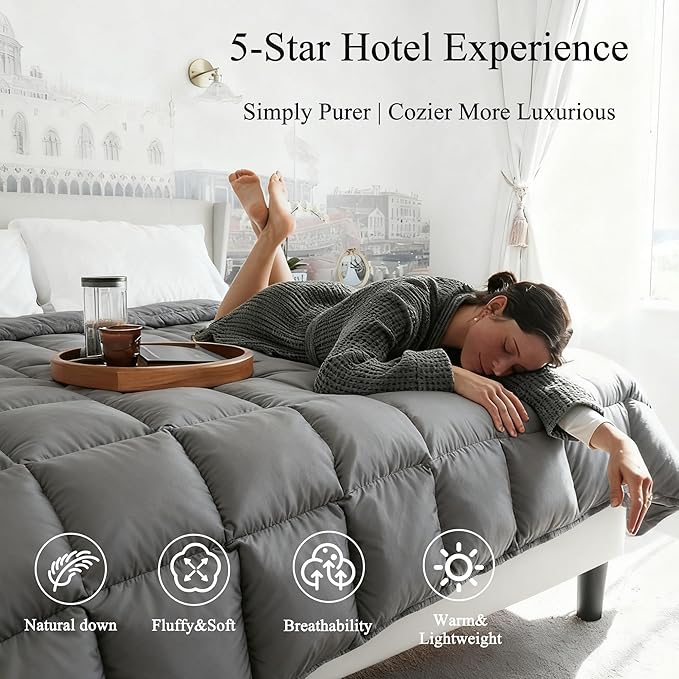 Down Feather Fiber Comforter Oversize King Size,Premium Ultra-Soft Breathable Comforter High Fill Power Grey Duvet Insert,All Season Hotel Luxury Bedding Comforters with 8 Tabs (Grey, Twin)