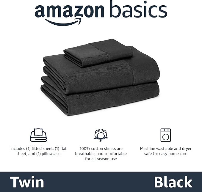 Amazon Basics 100% Cotton Jersey Bed Sheet Set, Twin, Black, Solid