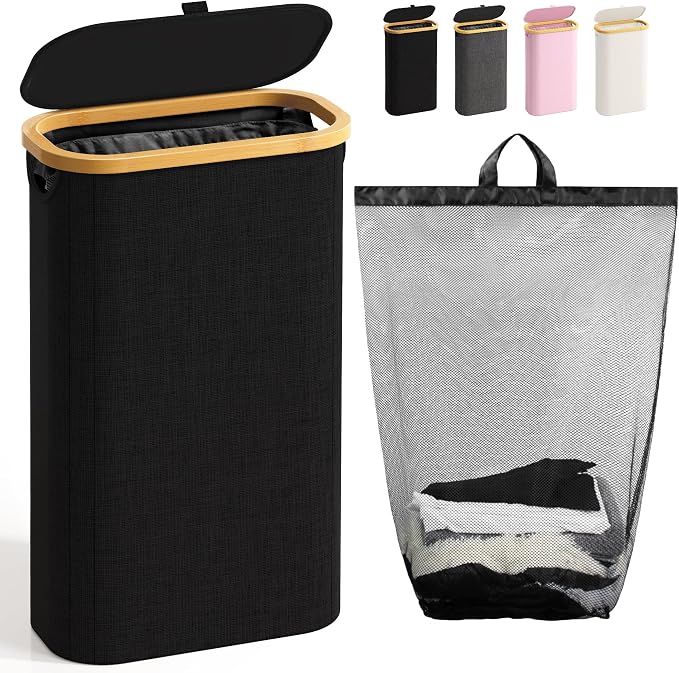 Bathola 75L Slim Laundry Hamper with Lid, Dirty Clothes Hampers for Laundry, Collapsible Laundry Baskets for Small Spaces, Bedroom, Bathroom, Laundry Room, Black by Bathola