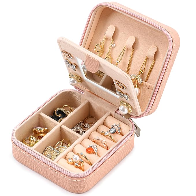 Neveika Jewelry Box with Mirror,Small Jewelry Organizer Box，Travel Jewelry Case for Women，Gift Jewelry Boxes for Female Girls (mirror pink) by NEVEIKA