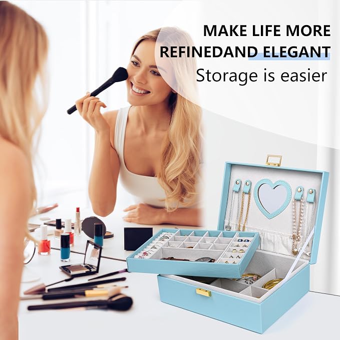 Dajasan Jewelry Box for Teenage Girl Gifts, Jewelry Organizer Box for Little Girls Kids, 2-Layer Large Jewelry Gift Box for Christmas, Valentine's Day, Birthday, Mother's Day (Blue) - Image 7