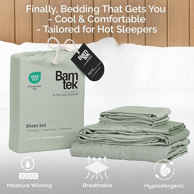 Viscose Bamboo Sheets Queen Size 4PC Set - Cooling Bedding for Hot Sleepers with Moisture Wicking Technology - Silky Soft 18 Inch Deep Pocket - Sage 60"x 80"