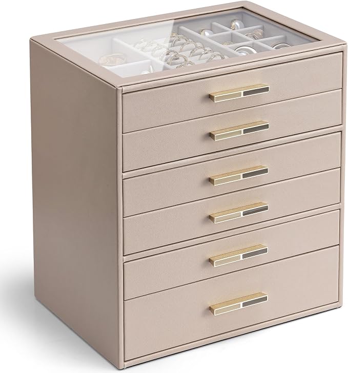 VLANDO 6 Layer Jewelry Box for Women, Glass Lid Jewelry Organizer with 6 Drawers for Necklaces Rings Earrings Bracelets - Toffee by VLANDO