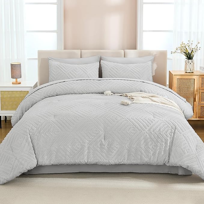 Andency Oversized King Size Comforter Set with Sheets Light Grey - 7 Pieces Bed in a Bag Oversized King Boho Tufted Lightweight Bedding Sets with Comforter, Sheets, Pillowcases & Shams