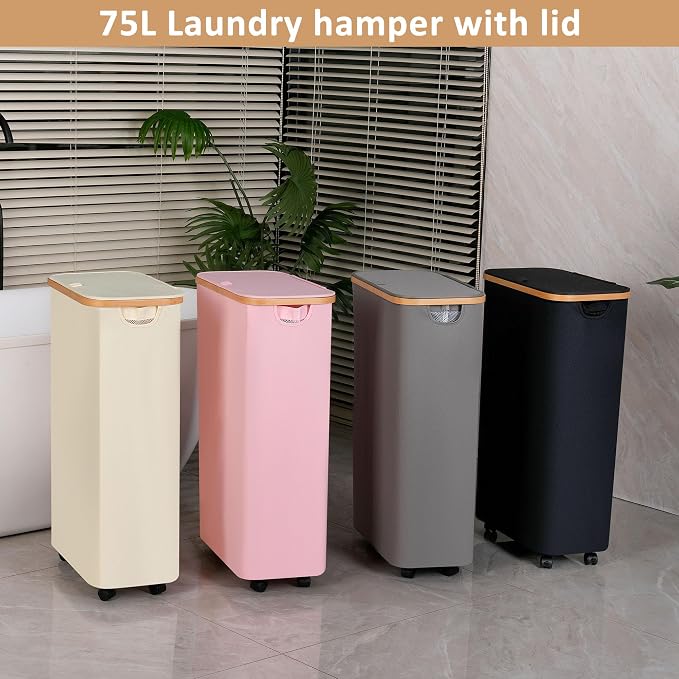 iEGrow 75L Laundry Basket with Wheels,Clothes Hamper for Laundry,Laundry Hamper with Lid and Inner Bag, for Laundry Room, Bedroom, Dormitory Storage,Pink - Image 6