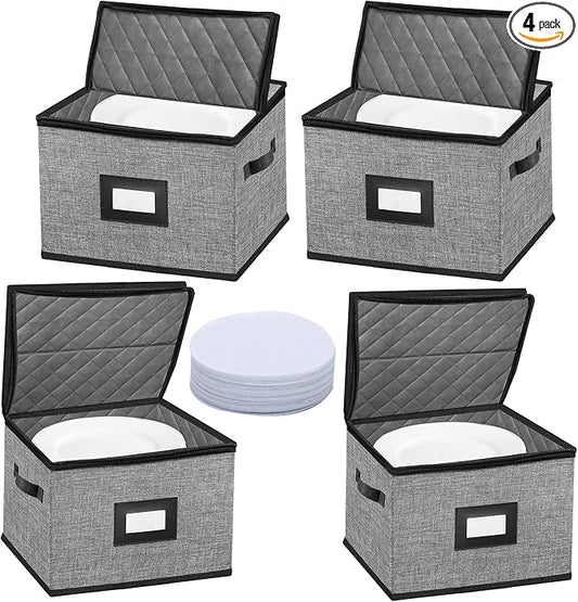 China Storage Containers-4PACK Quilted Dish Storage Containers with Lid Hard Shell for Moving Transport, Dinnerware,Stackable Plate Storage,24 Felt Plate Dividers Included,12 * 12 * 8in by OURUER