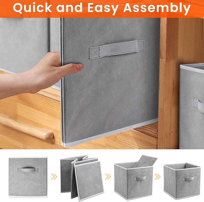 Criusia Storage Cubes - 11 Inch Heavy Duty Fabric Closet Bins for Shelves, Cube Organizer - 8 Pack Collapsible Decorative Storage Bins Baskets for Organizing Clothes Blankets Toys (Grey) - Image 7