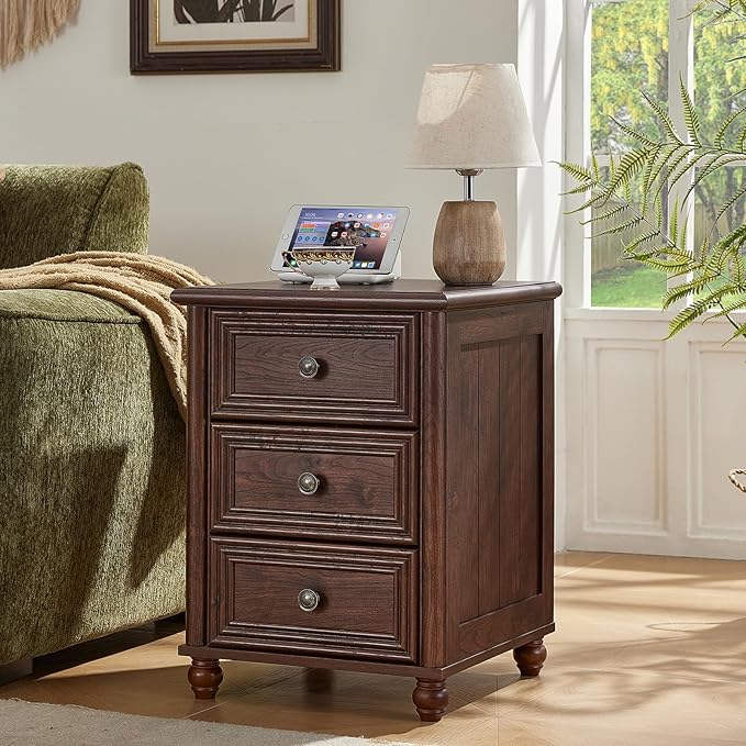 RWYHG 18" Farmhouse Night Stand Set of 2, Walnut Wood Nightstand with 3 Drawers, Bedside End Table with Storage and Roman Column, Bed Side Tables Cabinet for Bedroom, Living Room, and Closet