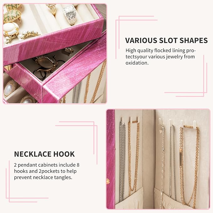 AKOZLIN 6-Tier Jewelry Box Lockable Leather Jewelry Storage Case with 5 Drawers for Women Girls Ring Necklace Earring Bracelet Holder Organizer with Mirror Rose - Image 6