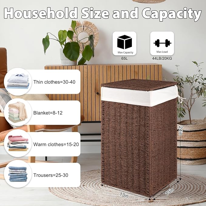 OIAHOMY Laundry Hamper with Lid, 65L(17.2 Gal) Large Wicker Laundry Basket for Bedroom, Handwoven Paper Rope Clothes Hamper with Washable Liner & Metal Frame, Decorative organizer for Bathroom Brown - Image 2