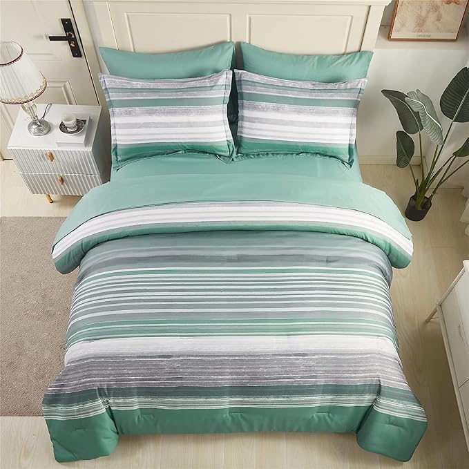 KAKIJUMN 5 Piece Bed in a Bag Stripe Comforter Set Twin Size, White Grey Sage Green Patchwork Striped Comforter and Sheet Set, All Season Soft Microfiber Complete Bedding Set(Green,Twin)