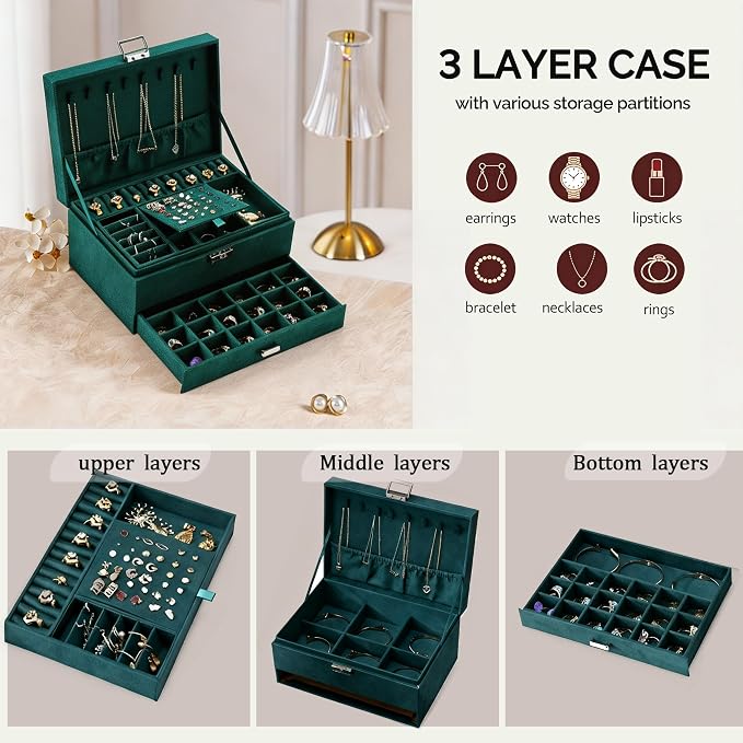 Jewelry Organizer Box for Women Girls, Jewelry Box 3-Tier Jewelry Display Case and Organizer,Lockable Jewelry Display Case Anti Tarnish,Varying Compartments for Necklaces, Bracelets, Rings - Image 2