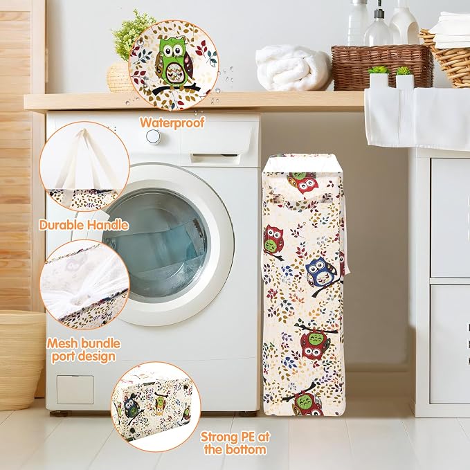 Odonata Slim Laundry Hamper Handles Collapsible Laundry Basket Thin Dirty Clothes Basket Narrow Laundry Bag Foldable Dirty Hamper 48L (Owl) - Image 6
