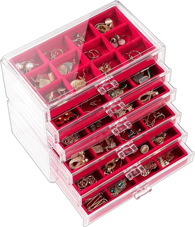Lolalet Earring Holder Organizer Box Jewelry Storage with 6 Drawers, Clear Acrylic Stackable Earring Case with Adjustable Velvet Trays for Women on Dresser Vanity -Red, 6 Layers by Lolalet