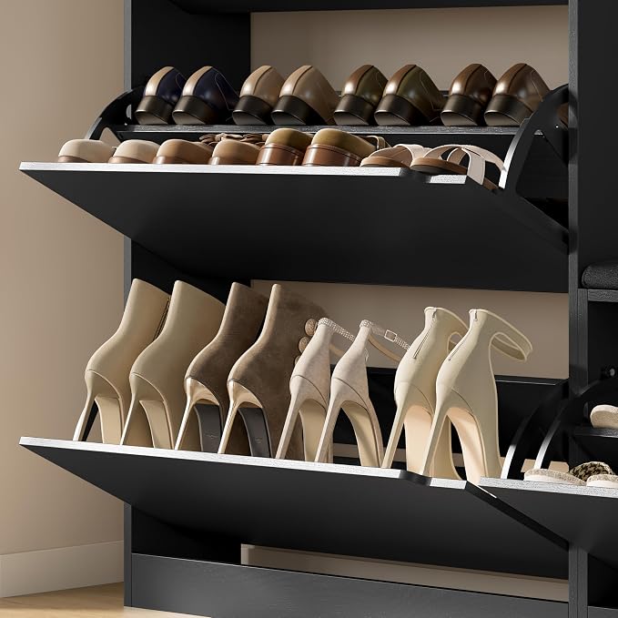 BORNOON Shoe Cabinet with Bench and 3 Flip Drawers, Slim Narrow Shoe Storage Cabinet, Freestanding Shoe Rack Organizer with Adjustable & Removable Shelves, Anti-Tip for Entryway, Hallway, Foyer - Image 6