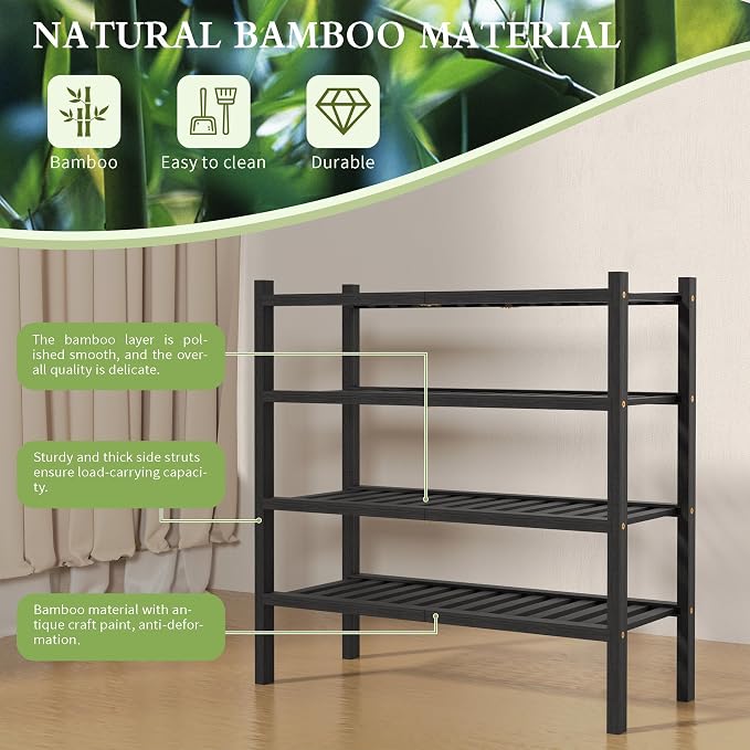 ROMGUAR CRAFT 4 Tier (Thick) Bamboo Shoe Rack for Closet Free Standing Wood Shoe Shelf for Entryway Small Space Stackable 27"x12"x28" (Blackl) - Image 5