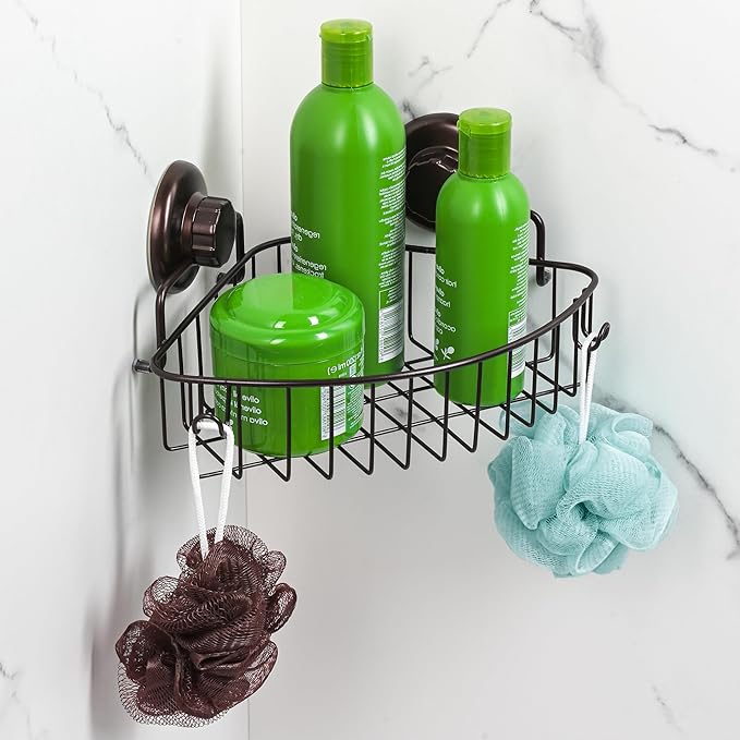 HASKO accessories Suction Cup Corner Shower Caddy - 304 Stainless Steel Shower Shelf - Adhesive 3M Stick Discs Included - Bathroom Caddy with Hooks - No Drilling Bathtub Storage Organizer (Bronze) by HASKOaccessories