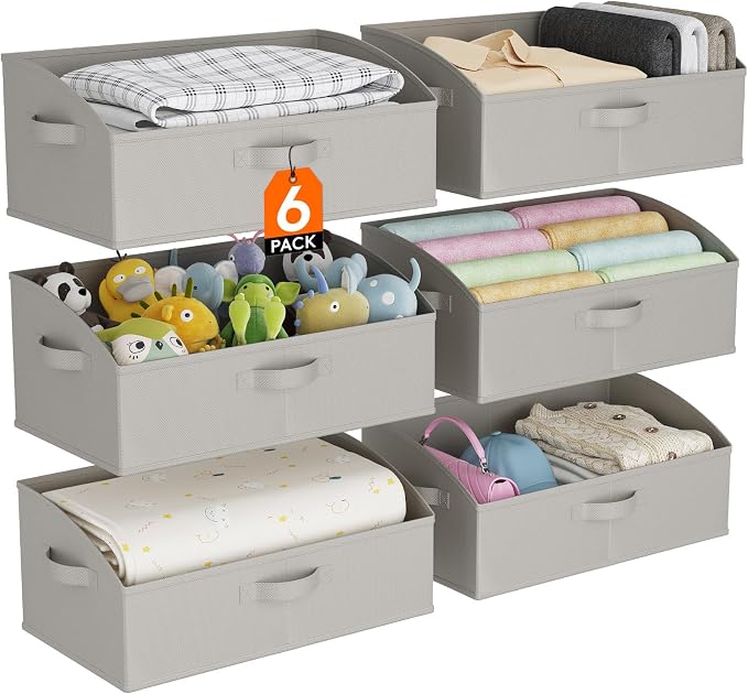 Lifewit Extra Large Trapezoid Closet Storage Bins for Shelf, 6 Packs Non-woven Closet Organizer Baskets with Handles, Foldable Clothes Containers Boxes for Clothing, Book, Purse, 23L, Light Gray by Lifewit