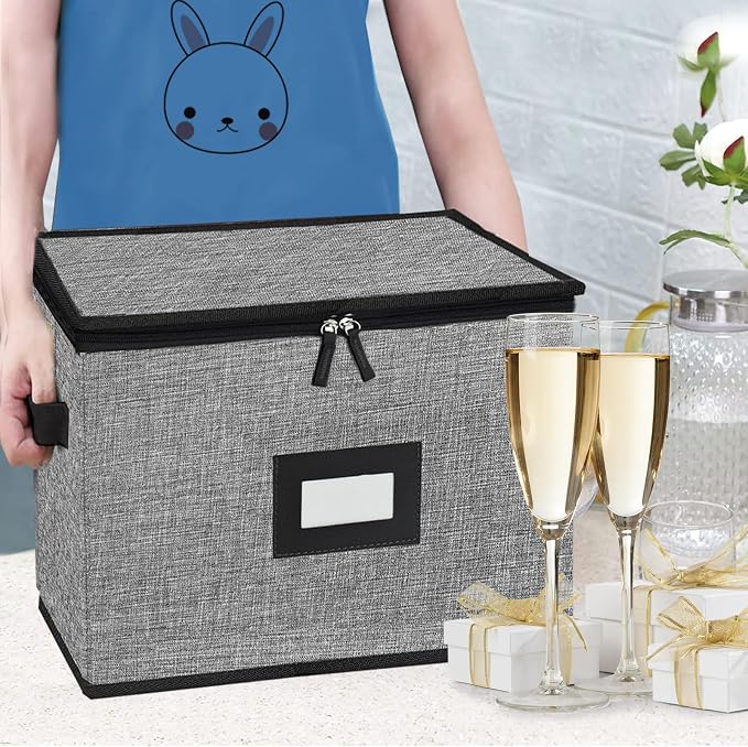 Champagne Flute Storage Box,Quilted Stemware Storage Box Hard Shell,Stackable Champagne Glass Container,Wine Glass, Crystal Glassware, Drinkware Case for Moving Transport(Grey) - Image 8