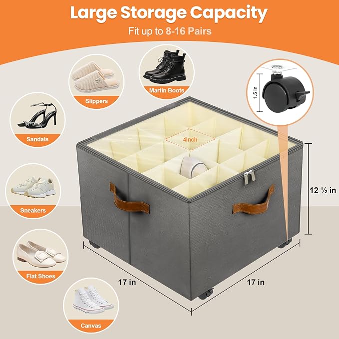 Foyego Shoe Organizer for Closet, 2 Pack Shoe Storage Organizer with Wheels and Adjustable Dividers, Stackable Shoe Storage Box with Clear Cover, Closet Shoe Organizer Fits up to 16-32 Pairs, Gray - Image 3
