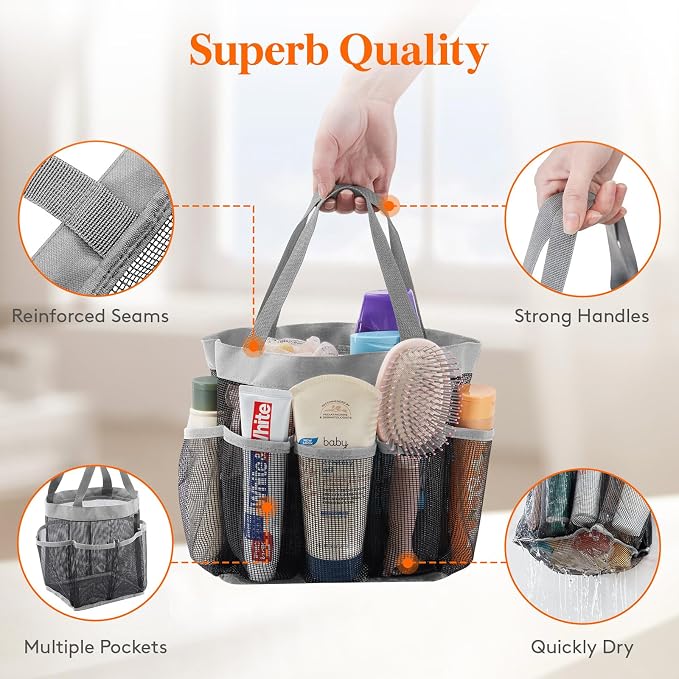 Lifewit Mesh Shower Caddy Portable for College Dorm Room Essentials with 7 Pockets, Freestanding Hanging Organizer Basket, Quick Dry Tote Bag for Camping, Bathroom, Beach, Travel, 1 Pack, Grey - Image 5