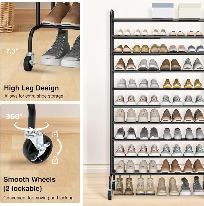 STO STO Expandable Shoe Rack, 10-Tier Metal Tall Shoe Rack for Garage, Up to 44 Pairs Adjustable Shoe Rack Storage for Front Door Entrance, Free Standing Shoe Rack Organizer for Entryway, Black - Image 6