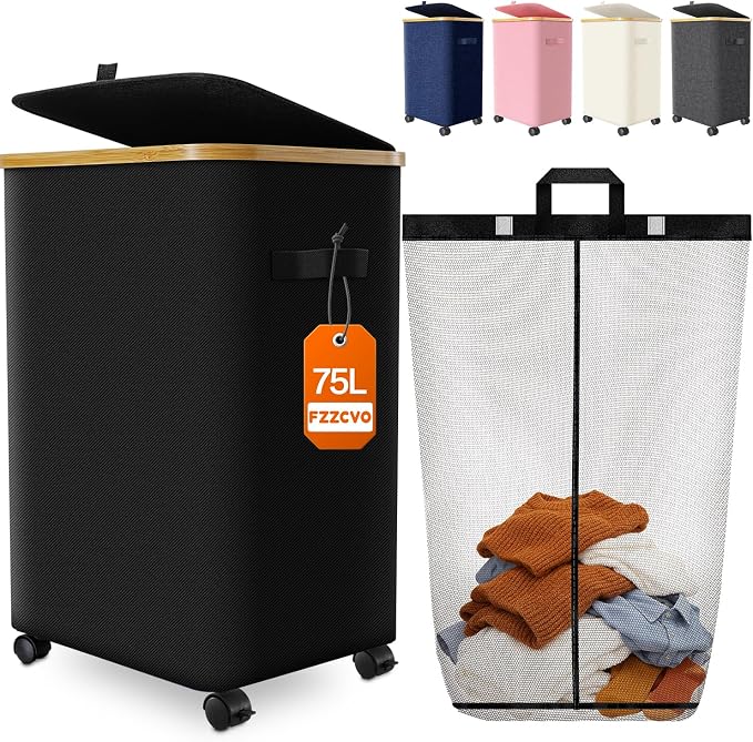 Laundry Hamper with Wheels, 75L Large Clothes Hamper with Removable Inner Bag, Collapsible Dirty Clothes Basket for Dorm, Rolling Dirty Clothes Basket for, Bedroom, Bathroom, Laundry Room by Fzzcvo