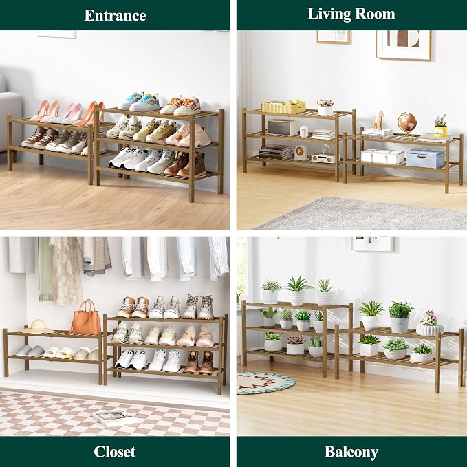 Smiry Bamboo Shoe Rack for Closet, 3 Tier Wooden Stackable Shoe Organizer, Free Standing Shoes Storage Shelf for Entryway, Front Door Entrance, Walnut - Image 7