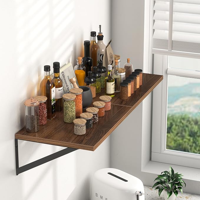 Heimlove 12 Inch Deep Floating Shelves for Wall, 16W x 12D Wood Wall Shelves Set of 2, Walnut Wide Floating Bookshelf for Living Room, Kitchen, Office, Bedroom, with Black Metal Bracke - Walnut - Image 5