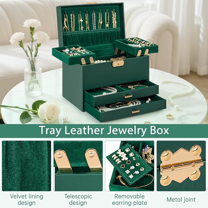 AKOZLIN Travel Jewelry Box Organizer Functional 2-trays Leather Jewelry Storage Case with Lockable Portable 2 Drawers for Women Girls Ring Necklace Earring Bracelet - Image 3