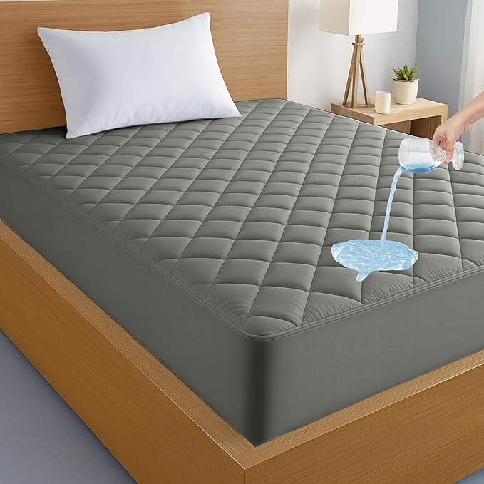 LUX Décor Twin Mattress Pad - Quilted Elastic Fitted Mattress Cover Protector Upto 16 Inches Deep Pocket - Soft Breathable Noiseless Mattress Topper (Grey “39 X 75”)