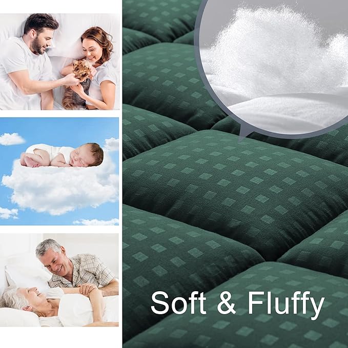 HYLEORY Twin XL Mattress Pad Quilted Fitted Mattress Protector Cooling Pillow Top Mattress Cover Breathable Fluffy Soft Mattress Topper with 8-21" Deep Pocket, Green