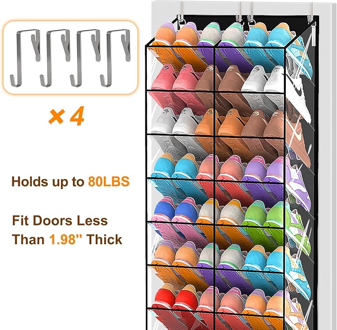 20-30 Pairs Over the Door Shoe Organizer, Transparent PVC Hanging Shoe Rack for Closet, 10-Tier Door Shoes Storage, Crystal-Clear Visibility Fit All the Family's Sneakers, Boots, Heels, Black Frame - Image 6