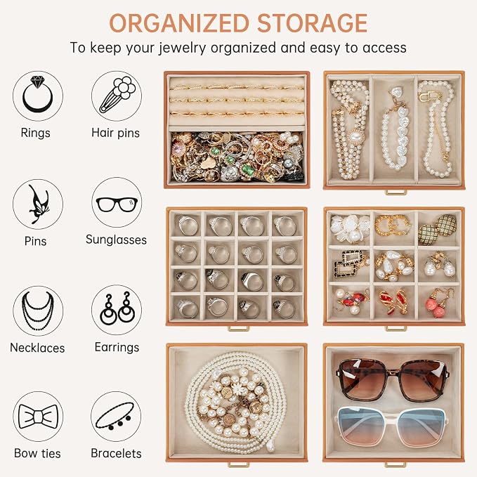 AKOZLIN 6-Tier Jewelry Box Organizer Functional 5 Drawers Leather Jewelry Storage Case for Women Girls Ring Necklace Earring Bracelet Holder Organizer with Mirror Dark Orange - Image 5