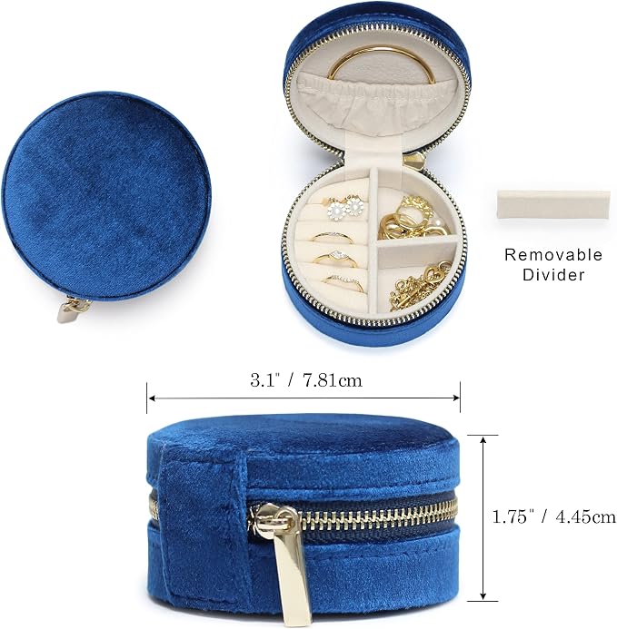 BLUTETE Velvet Travel Jewelry Case Small Round Travel Jewelry Organizer Jewelry Accessory Storage Case Gift Jewelry Box (Midnight Blue/Round) - Image 2