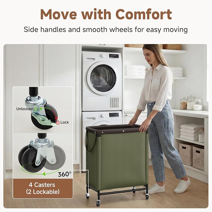 StorageWorks Laundry Hamper 2 Section, 100L Rolling Laundry Sorter Cart with Removable and Washable Liner Bag, Clothes Hamper with Wheels and Handle for Laundry Room and Bedroom, Green - Image 4