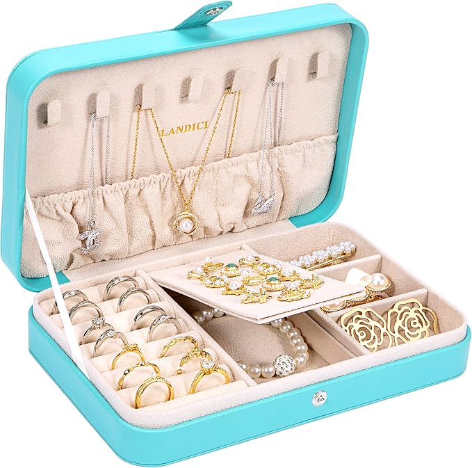 LANDICI Small Jewelry Box for Women Girls, PU Leather Travel Jewelry Organizer Case, Portable Jewellery Storage Holder Display for Ring Earrings Necklace Bracelet Bangle Watch Men Kids Gift, Lake Blue by LANDICI