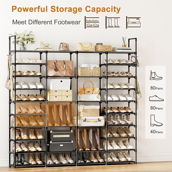 WOWLIVE 4 Row 10 Tiers Extra Large Shoe Rack Big Tall Metal Shoe Shelf, Heavy Duty Organizer for Closet Entryway, Boot Rack Storage Stackable Stand for Garage Black - Image 5