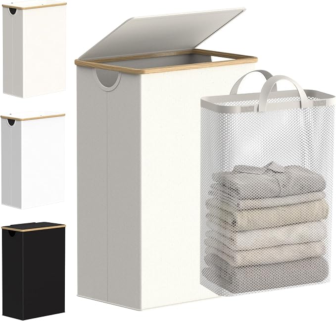 efluky Slim Laundry Basket with Lid, Narrow Laundry Hamper with Removable Bag, Skinny Dirty Clothes Basket with Bamboo Handles for Bathroom, Bedroom & Laundry Room, 90L Beige by efluky