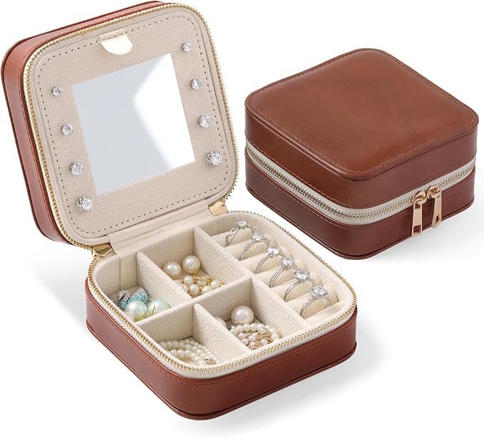 Genuine Leather Travel Jewelry Organizer Case with Mirror for Women, Small Mini Portable Jewelry Box for Ring Earrings Necklace Bracelet Luxury Gift for Women（Brown） by NGVRC