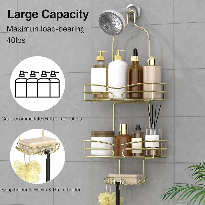 DAOYA Over the Shower Head Caddy - 3 Tier Shower Caddy Hanging, Gold Bathroom Organizer with Soap Holder & Hooks - Image 3