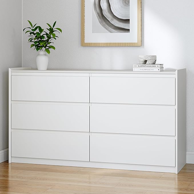 White Dresser for Bedroom, 54" Wide 6 Drawer Double Dresser, Modern Matte Wood Chest of Drawers with Anti-Tip Kit, Sturdy Storage Organizer for Closet, Living Room & Hallway, Handle-Free