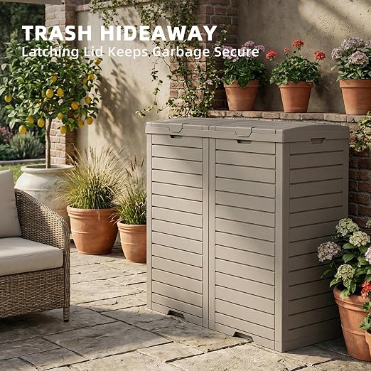 EFU 38 Gallon Outdoor Trash Can with Lid & Drip Tray, Dual Garbage Can for Patio Backyard Deck,Large Heavy Duty Waste Container Bin，Light Coffee - Image 4