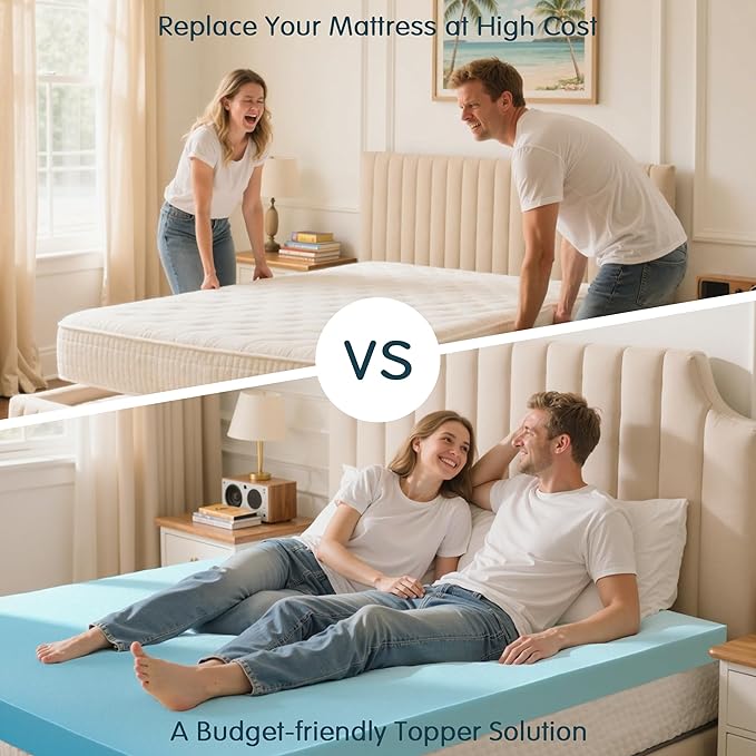 SyMax Memory Foam Mattress Topper, Gel Infused Foam Topper, Breathable Bed Topper, Pressure Relieving, CertiPUR-US Certified, 2 Inch, Queen Size