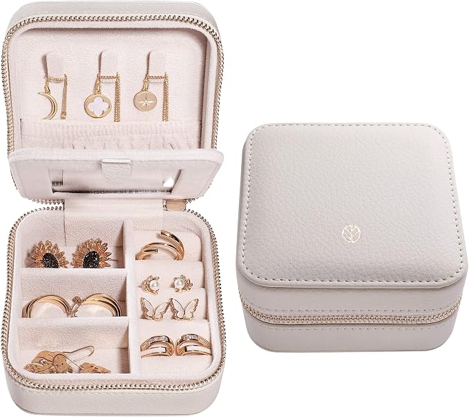S.Leaf Travel Jewelry Organizer Boxes for Women Small Portable Necklace Earrings Bracelet Rings Travel Case Best Friend Birthday Gifts for Women Trendy (03_Lychee_Beige) by SLeaf