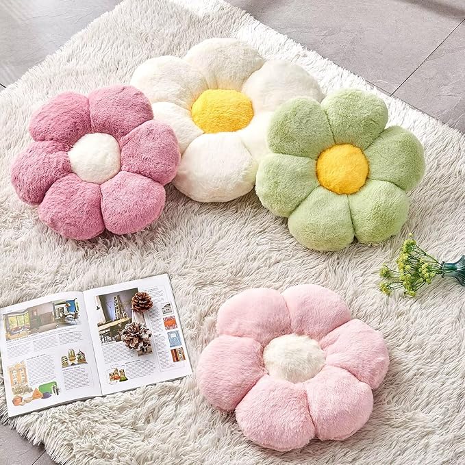 Kcvvcr Pink Flower Pillow, Cute Decorative Flower Shaped Throw Pillow with Faux Rabbit Fur, 19.6" Soft Flower Plush Throw Pillow Floor Pillows Room Décor for Bedroom Living Room