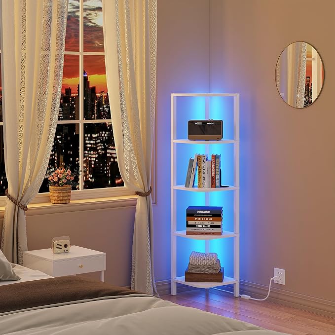 TUTOTAK Corner Shelf with LED Light, 5-Tier Corner Bookshelf for Small Space, Narrow Display Corner Shelf Stand with Storage Rack, for Living Room, Bedroom, White BS08BW005L - Image 6