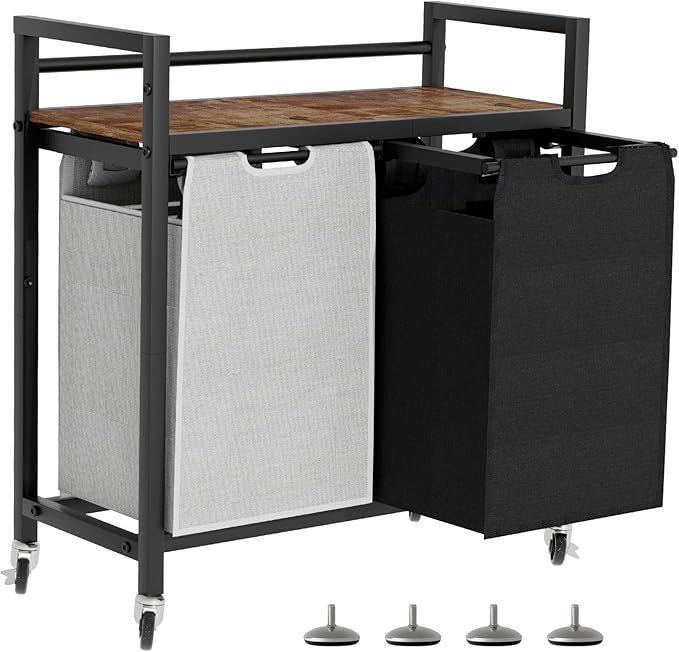 SwaaVee Laundry Hamper, Laundry Basket, Laundry Sorter with 2 Removable Bags, Clothes Basket with 2 Compartments, Wheels, Shelf for Laundry Room Bathroom Bedroom (2 Bags-Black Grey) by SwaaVeeYourBestOrganizingHelper