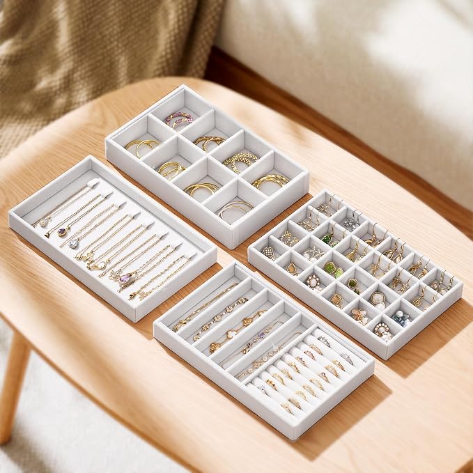 Velvet Jewelry Drawer Organizer Trays – White Stackable Jewelry Storage Inserts Set, 4-Layer Jewelry Tray Set for Earrings, Rings, Necklaces, Bracelets with Removable Dividers for Dresser & Vanity - Image 4