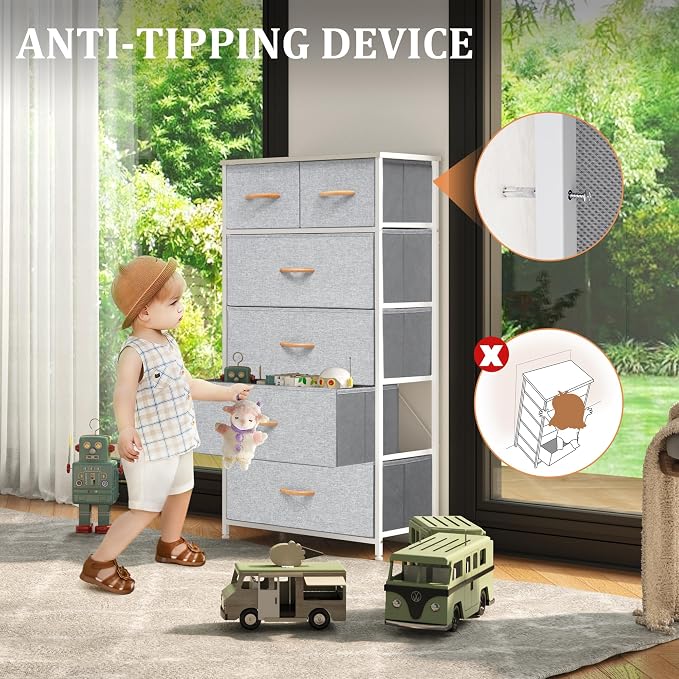 Fabric Dresser for Bedroom, Tall Skinny Dresser with 6 Drawers, Storage Organizer Tower, Steel Frame Wooden Top for Closet, Living Room, Hallway(Light Gray) - Image 5